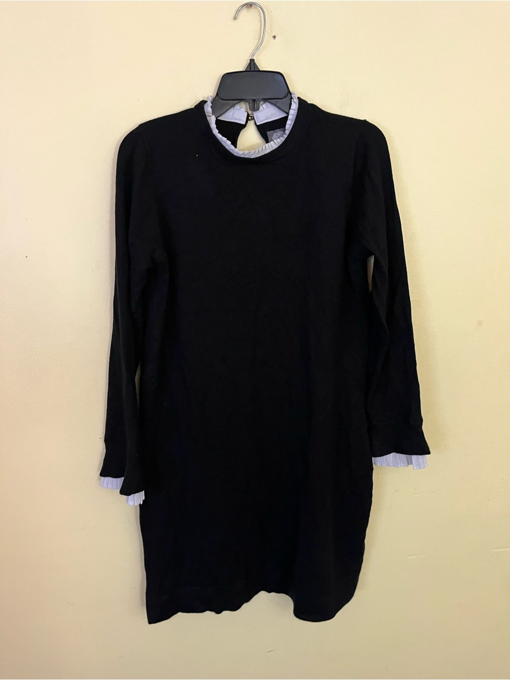 Vince Camuto Black Long Sleeve Knit Dress with Pleated Trim Large